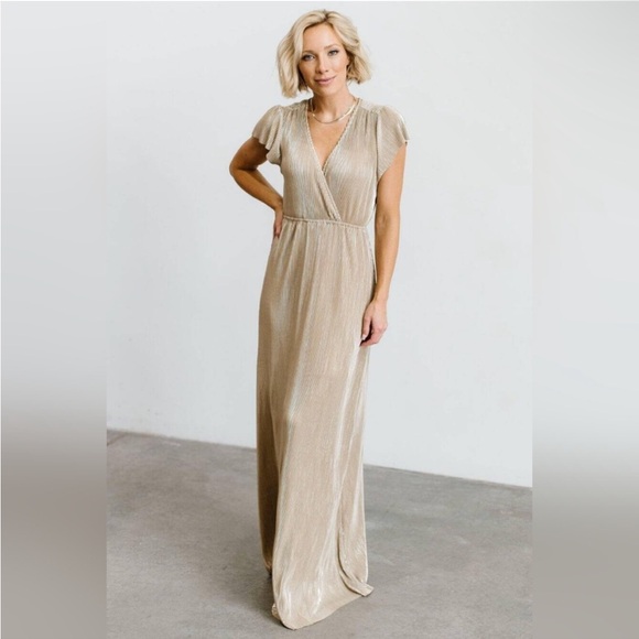 BALTIC BORN NWT Athena Champagne Pleated Shirt Sleeve Surplice Maxi Dress XL - Picture 1 of 13